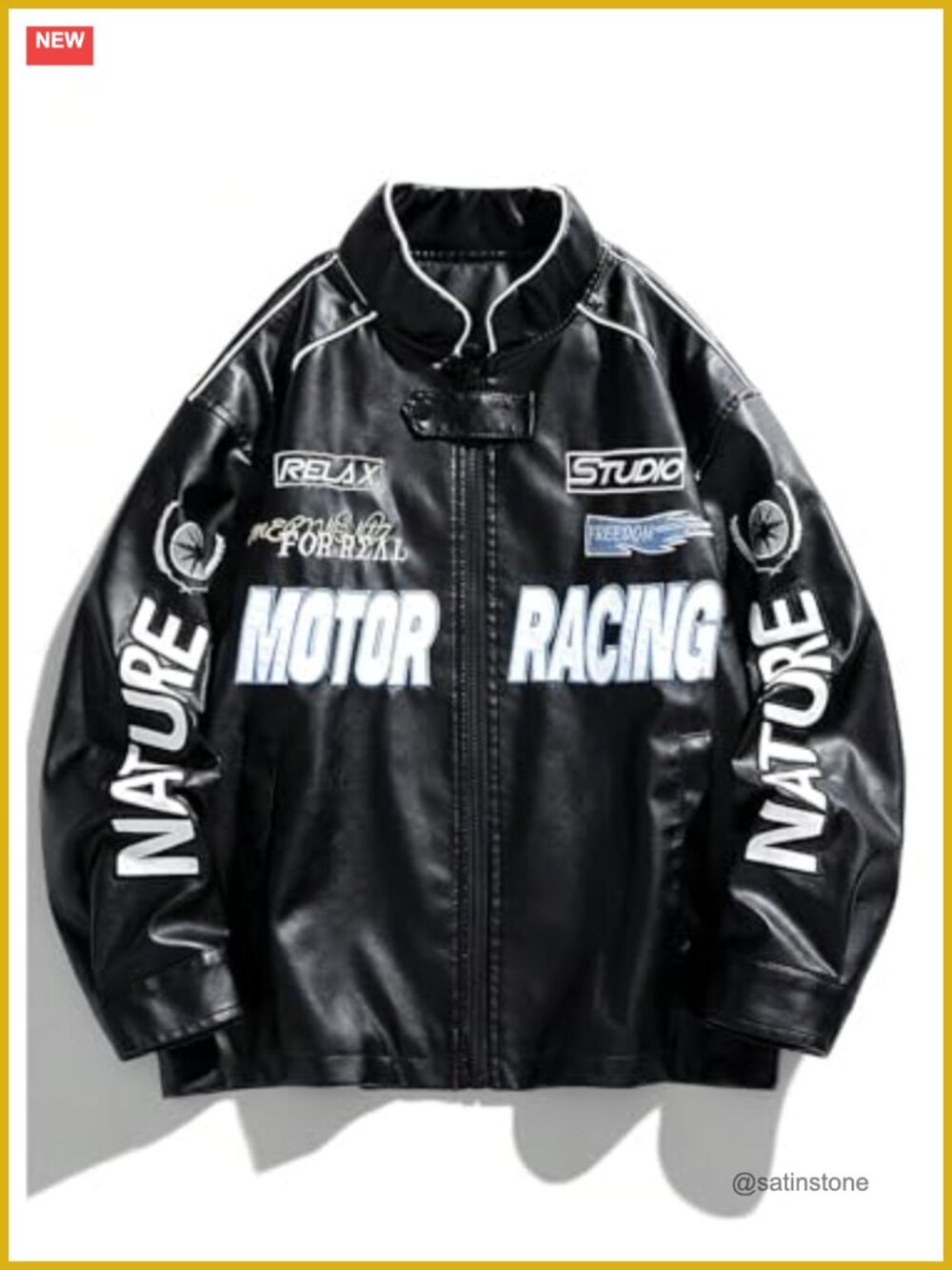 Faux Leather Racer Jacket Y2k Graphic Streetwear Oversized Coat - Picture 2 of 5